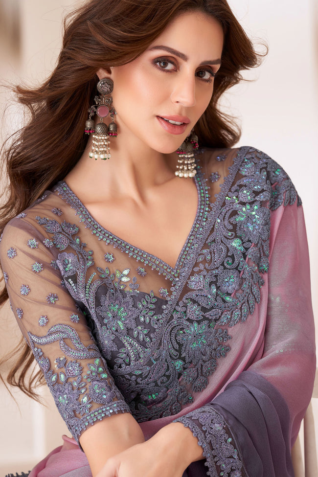 Grey & Pink Pioneer Shaded Chiffon Saree With Embroidery Banglori Silk Blouse