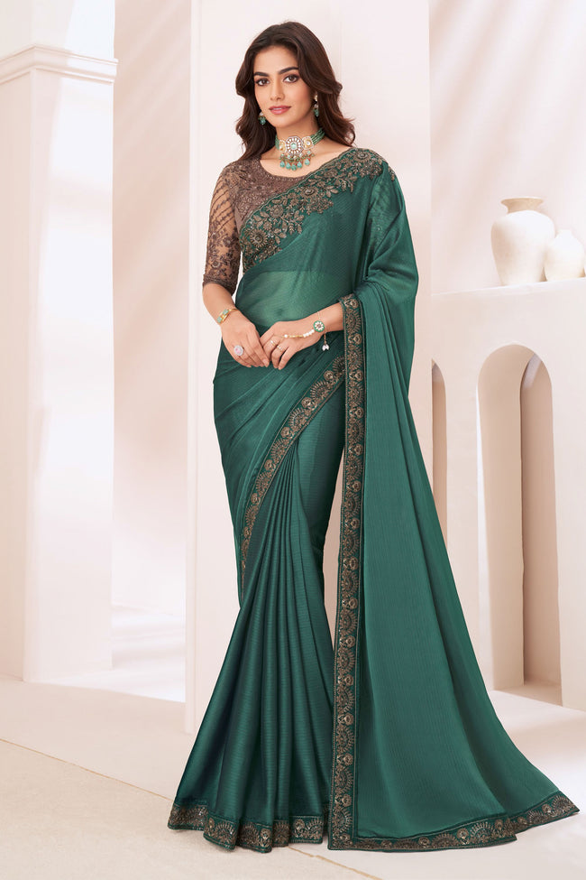 Forest Green Silk Pattern Georgette Saree With Embroidery Banglori Silk Blouse