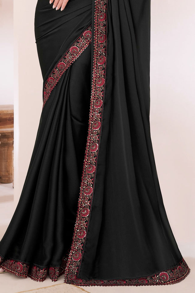 Black & Red Silk Chiffon Saree With Embroidery Banglori Silk Blouse