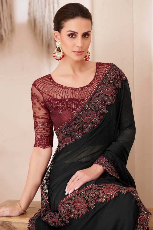 Black & Red Silk Chiffon Saree With Embroidery Banglori Silk Blouse