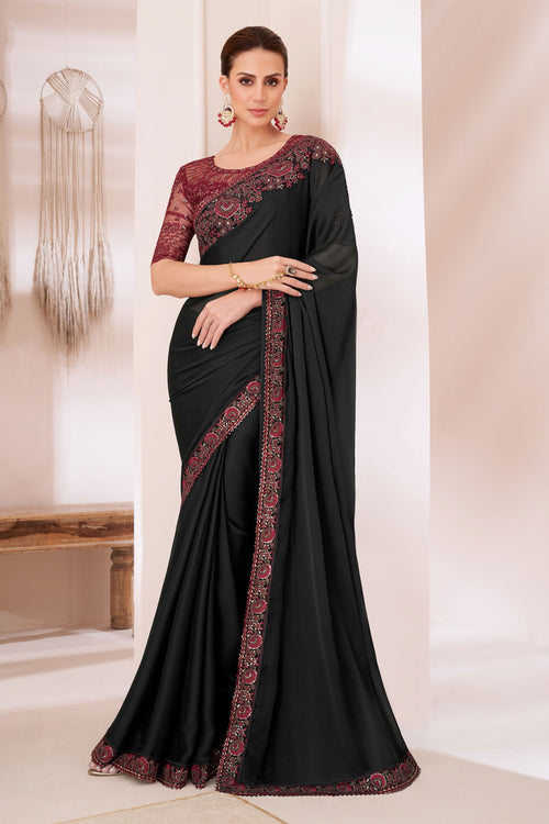 Black & Red Silk Chiffon Saree With Embroidery Banglori Silk Blouse