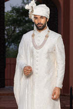 Off-White Silk Heavy Embroidered Sherwani Set For Men