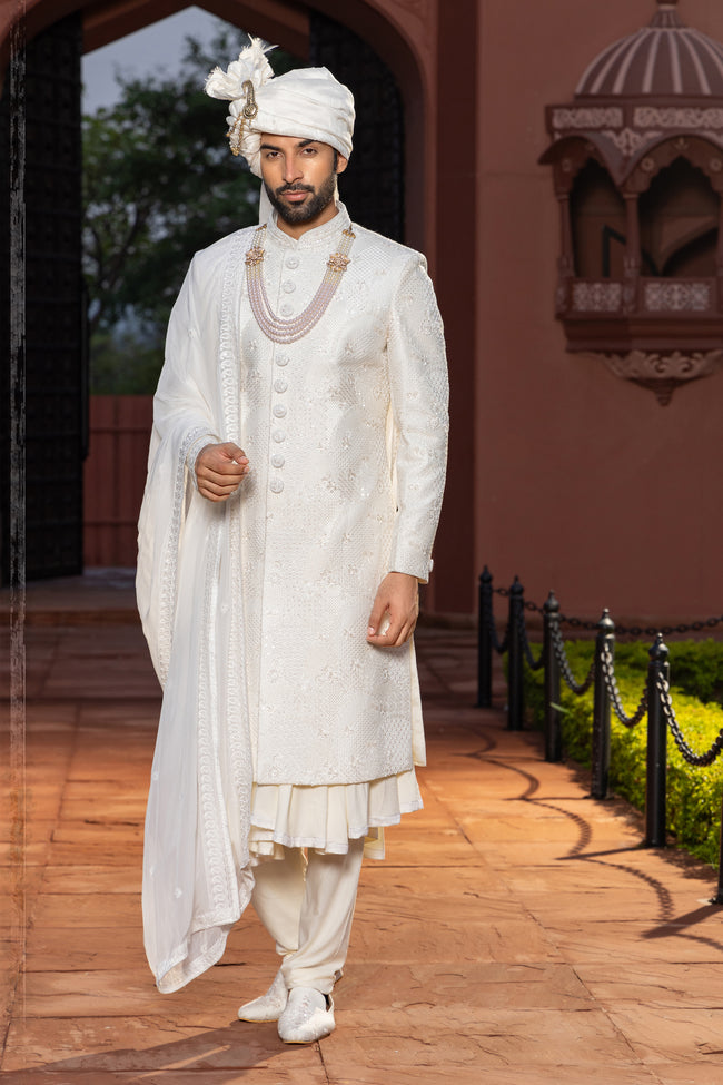 Off-White Silk Heavy Embroidered Sherwani Set For Men