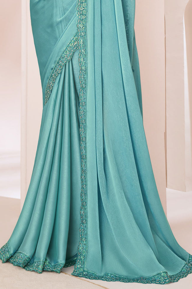 Sea Green Majestic Satin Georgette  Silk Saree With Embroidery Banglore Silk Blouse