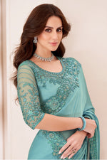 Sea Green Majestic Satin Georgette  Silk Saree With Embroidery Banglore Silk Blouse