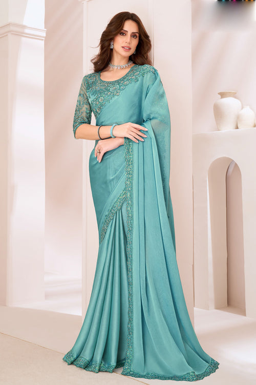 Sea Green Majestic Satin Georgette  Silk Saree With Embroidery Banglore Silk Blouse