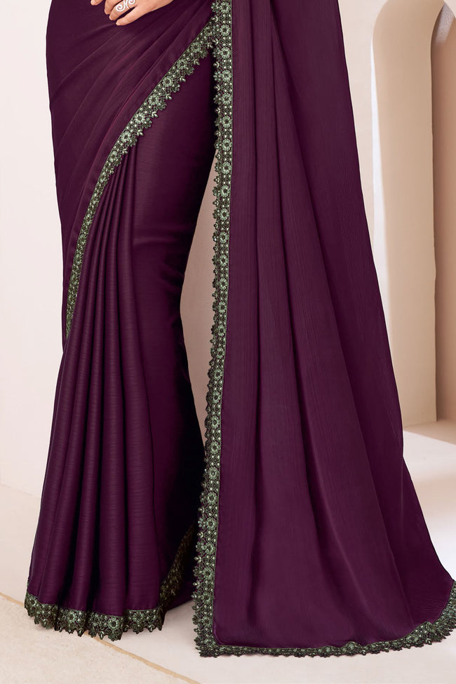 Burgundy Cherry Silk Pattern Saree With Embroidery Work Blouse