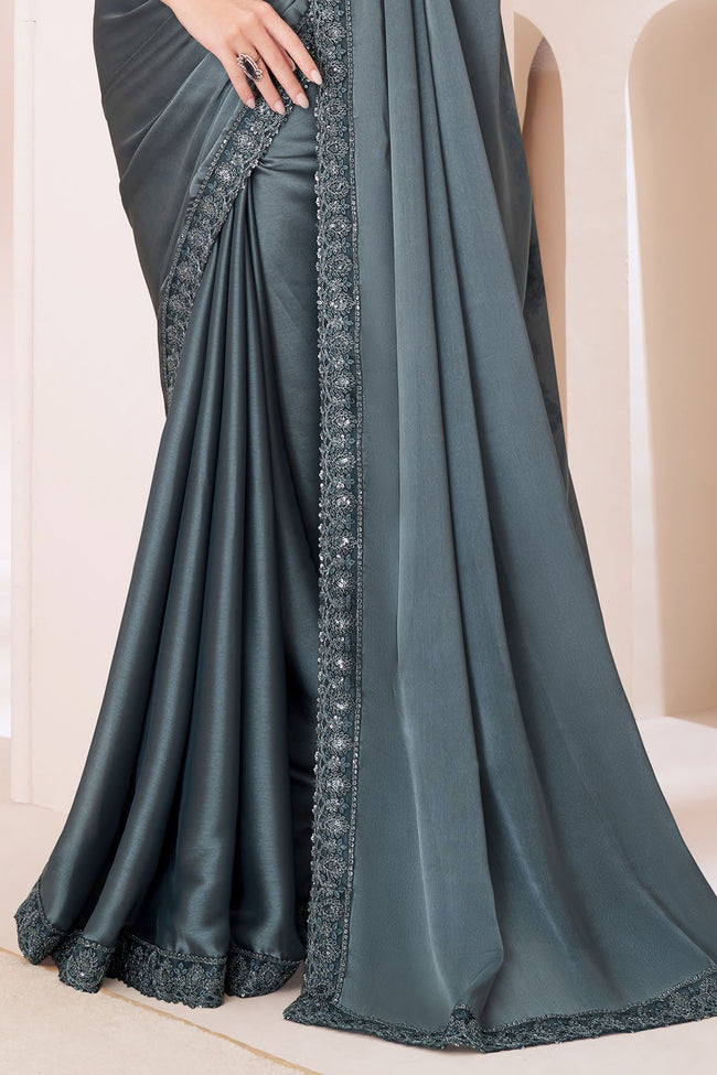 Grey Majestic Satin Georgette Silk Saree With Banglore Silk Blouse