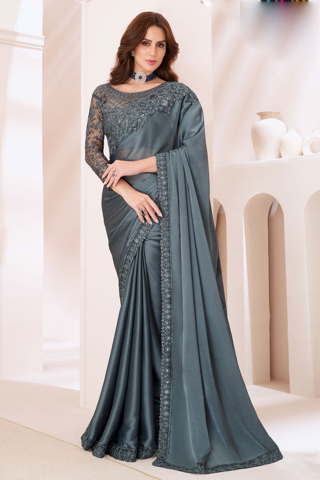 Grey Majestic Satin Georgette Silk Saree With Banglore Silk Blouse