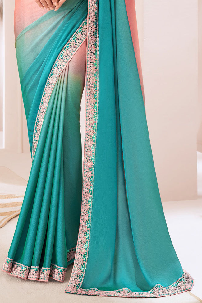 Coral & Cyan Pioneer Shaded Chiffon Saree With Embroidery Banglore Silk Blouse