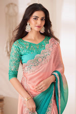 Coral & Cyan Pioneer Shaded Chiffon Saree With Embroidery Banglore Silk Blouse