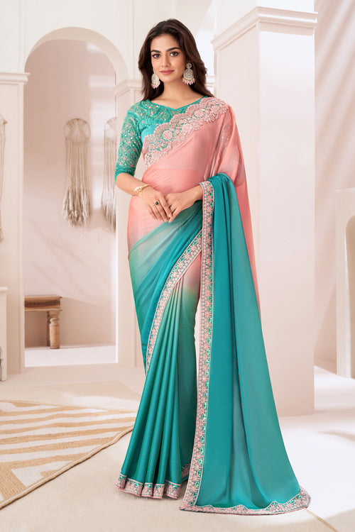 Coral & Cyan Pioneer Shaded Chiffon Saree With Embroidery Banglore Silk Blouse