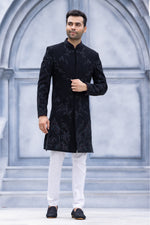 Dark Navy Blue Embroidered Indowestern For Men