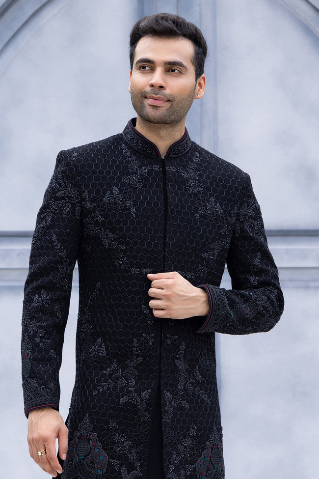 Dark Navy Blue Embroidered Indowestern For Men