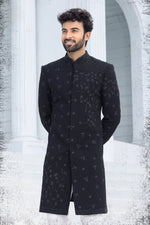 Black Designer Embroidered Indowestern Set For Men