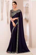 Navy Blue Georgette Chiffon Silk Saree With Embroidered Blouse Piece