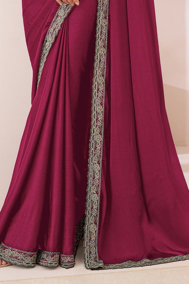 Maroon Georgette Chiffon Silk Saree With Embroidered Blouse Piece