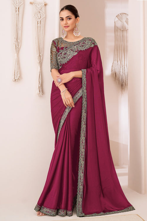 Maroon Georgette Chiffon Silk Saree With Embroidered Blouse Piece