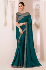 Forest Green Georgette Chiffon Silk Saree With Embroidered Blouse Piece