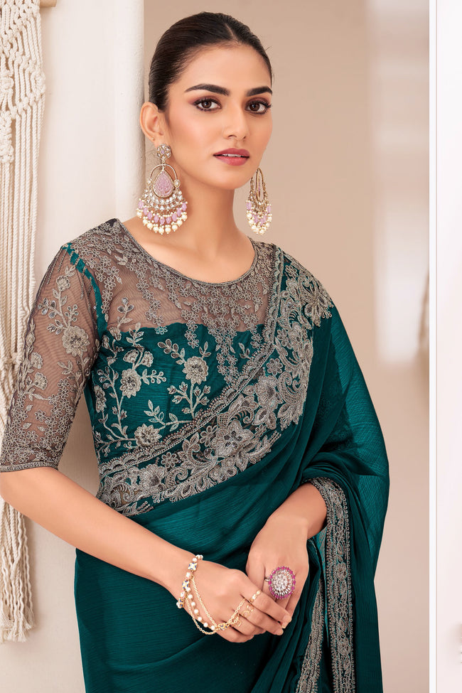 Forest Green Georgette Chiffon Silk Saree With Embroidered Blouse Piece