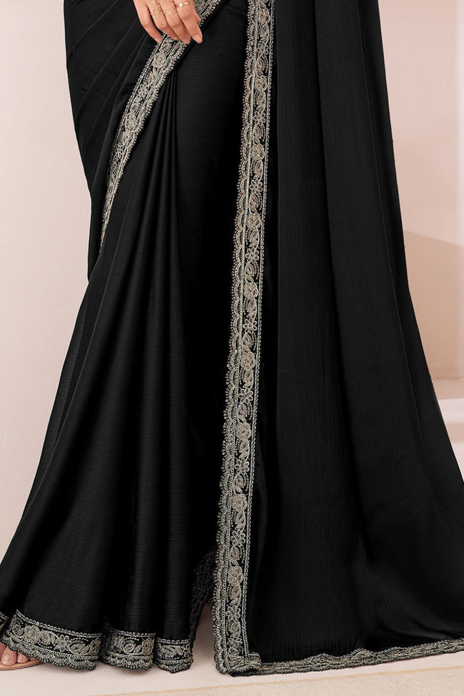 Black Georgette Chiffon Silk Saree With Embroidered Blouse Piece