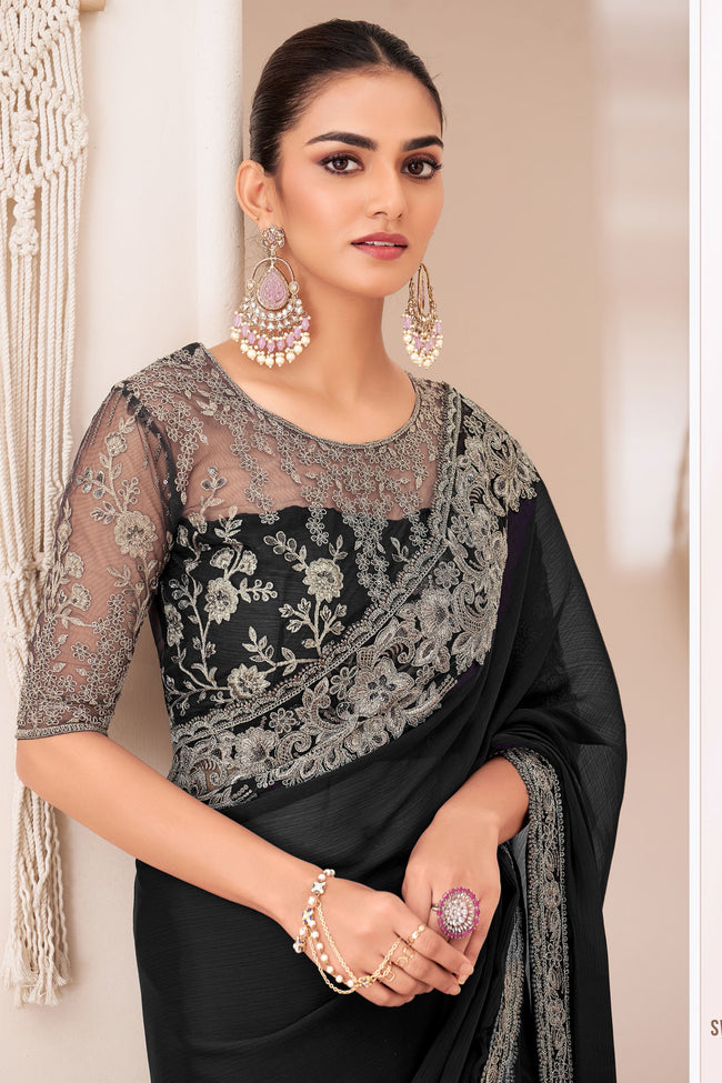 Black Georgette Chiffon Silk Saree With Embroidered Blouse Piece