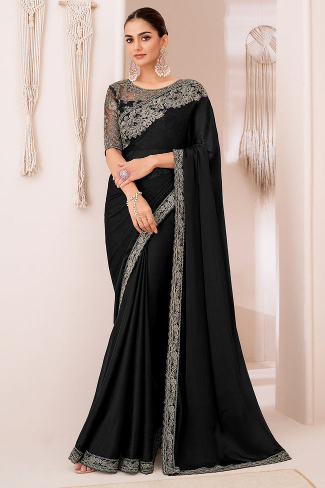 Black Georgette Chiffon Silk Saree With Embroidered Blouse Piece