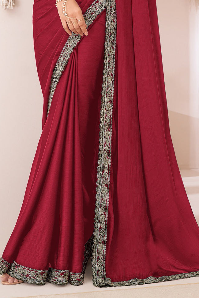 Red Georgette Chiffon Silk Saree With Embroidered Blouse Piece