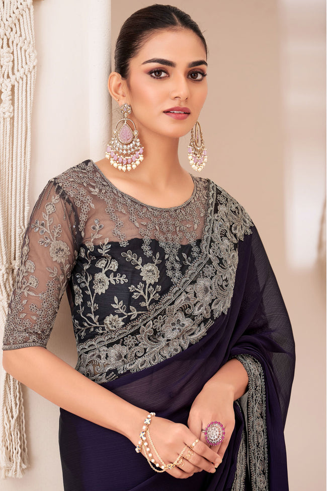 Black Gergette Chiffon Saree With Embroidery Chiffon Silk Blouse