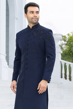 Navy Blue Designer Embroidered  Indowestern Set For Men