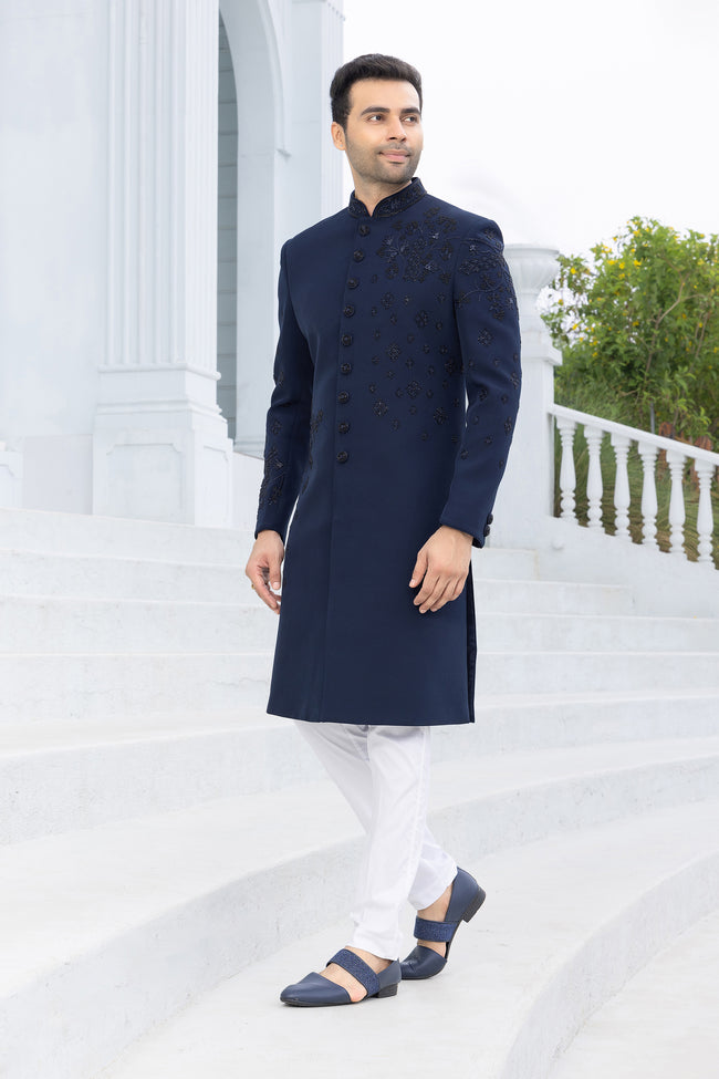 Navy Blue Designer Embroidered  Indowestern Set For Men