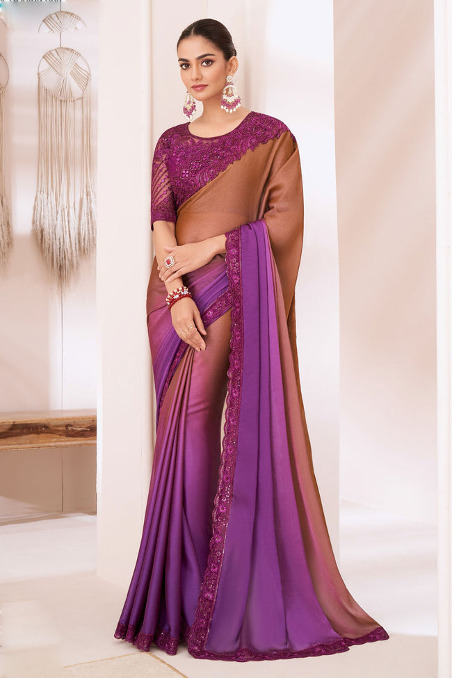 Brown & Purple Pioneer Shaded Chiffon Saree With Banglori Silk Blouse