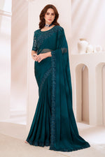 Dark Teal Shaded Silver Chiffon Saree With Banglori Silk Blouse