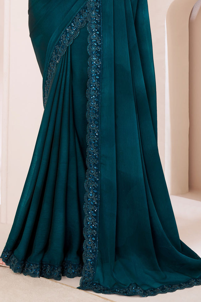 Dark Teal Shaded Silver Chiffon Saree With Banglori Silk Blouse