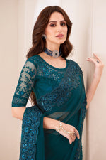 Dark Teal Shaded Silver Chiffon Saree With Banglori Silk Blouse