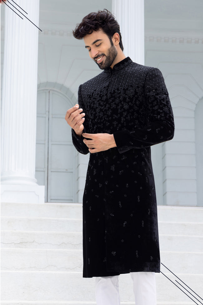 Black Designer Thread Embroidered Indowestern Set For Men