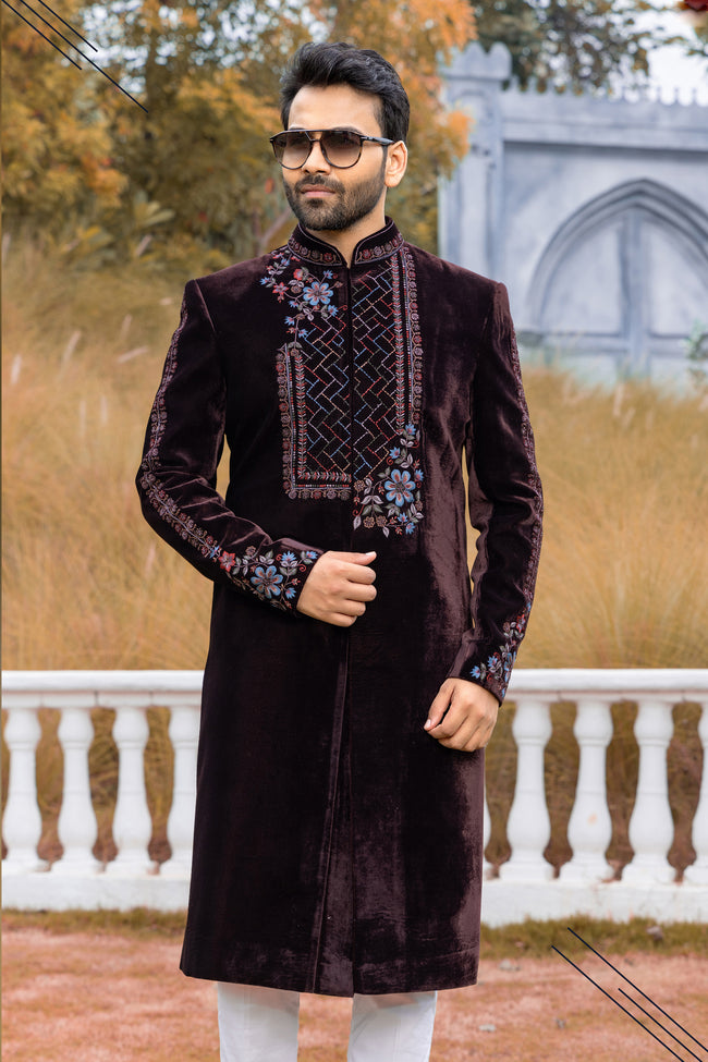 Wine Velvet Designer Embroidered Indowestern Set For Men