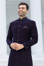 Dark Blue Thread Embroidered Indowestern Set For Men