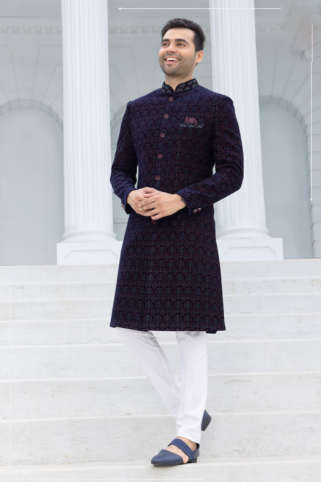 Dark Blue Thread Embroidered Indowestern Set For Men