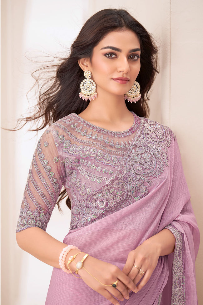 Light Pink Blossom Silver Chiffon Saree With Embroidery Banglore Silk Blouse