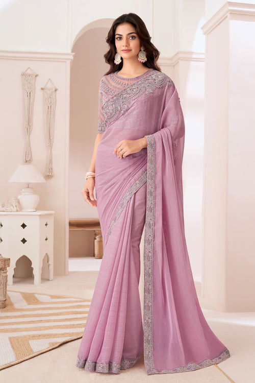 Light Pink Blossom Silver Chiffon Saree With Embroidery Banglore Silk Blouse