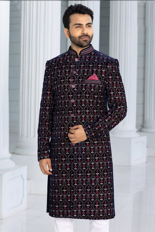 Black Wedding Wear Thread Embroidered Indowestern Set For Men