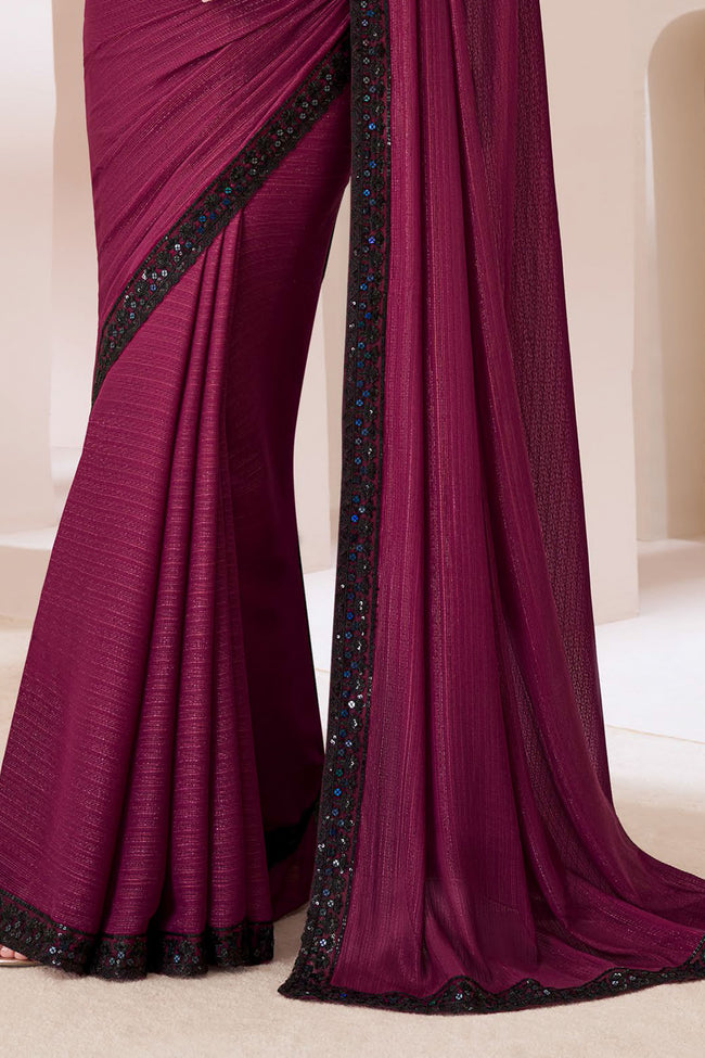 Maroon satin Gergette Saree With Embroidery Banglore Silk Blouse