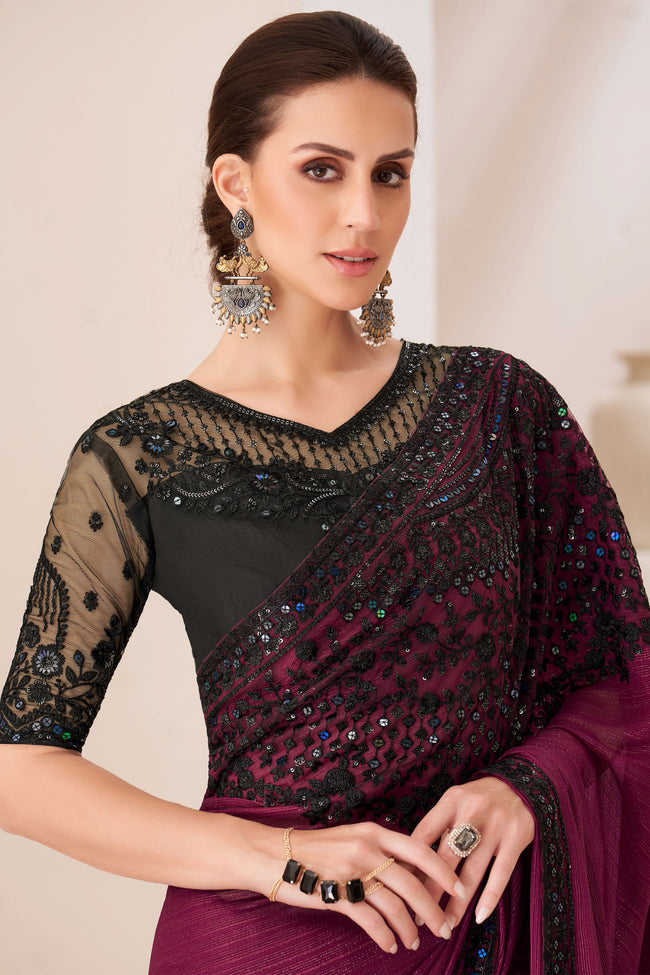 Maroon satin Gergette Saree With Embroidery Banglore Silk Blouse