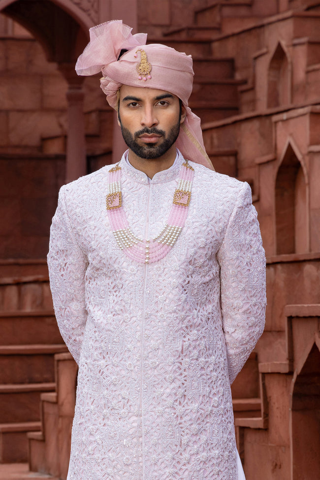 Wedding Wear Groom Embroidered Pink Sherwani Set For Men