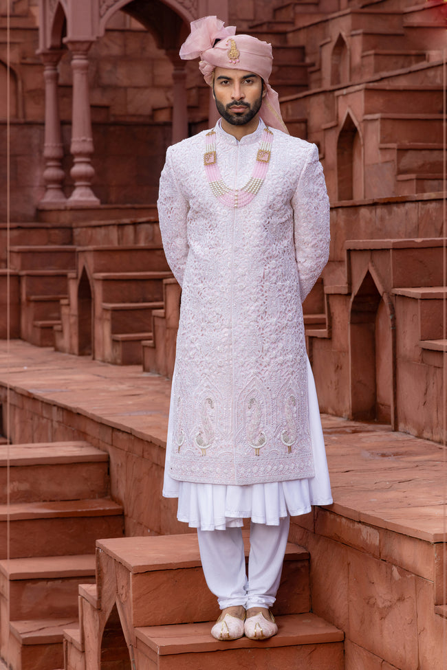 Wedding Wear Groom Embroidered Pink Sherwani Set For Men