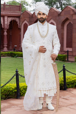 Off White Sherwani Set In Silk With Dupatta For men