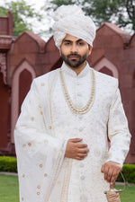 Off White Sherwani Set In Silk With Dupatta For men