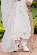 Off White Sherwani Set In Silk With Dupatta For men