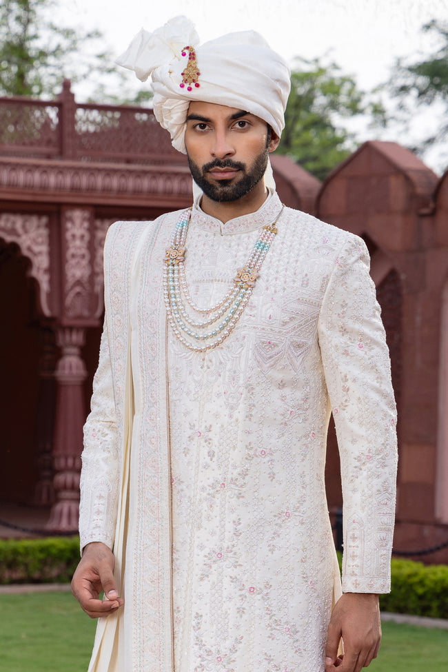 Off White Color Anarkali Style Groom Embroidered Sherwani Set For Men